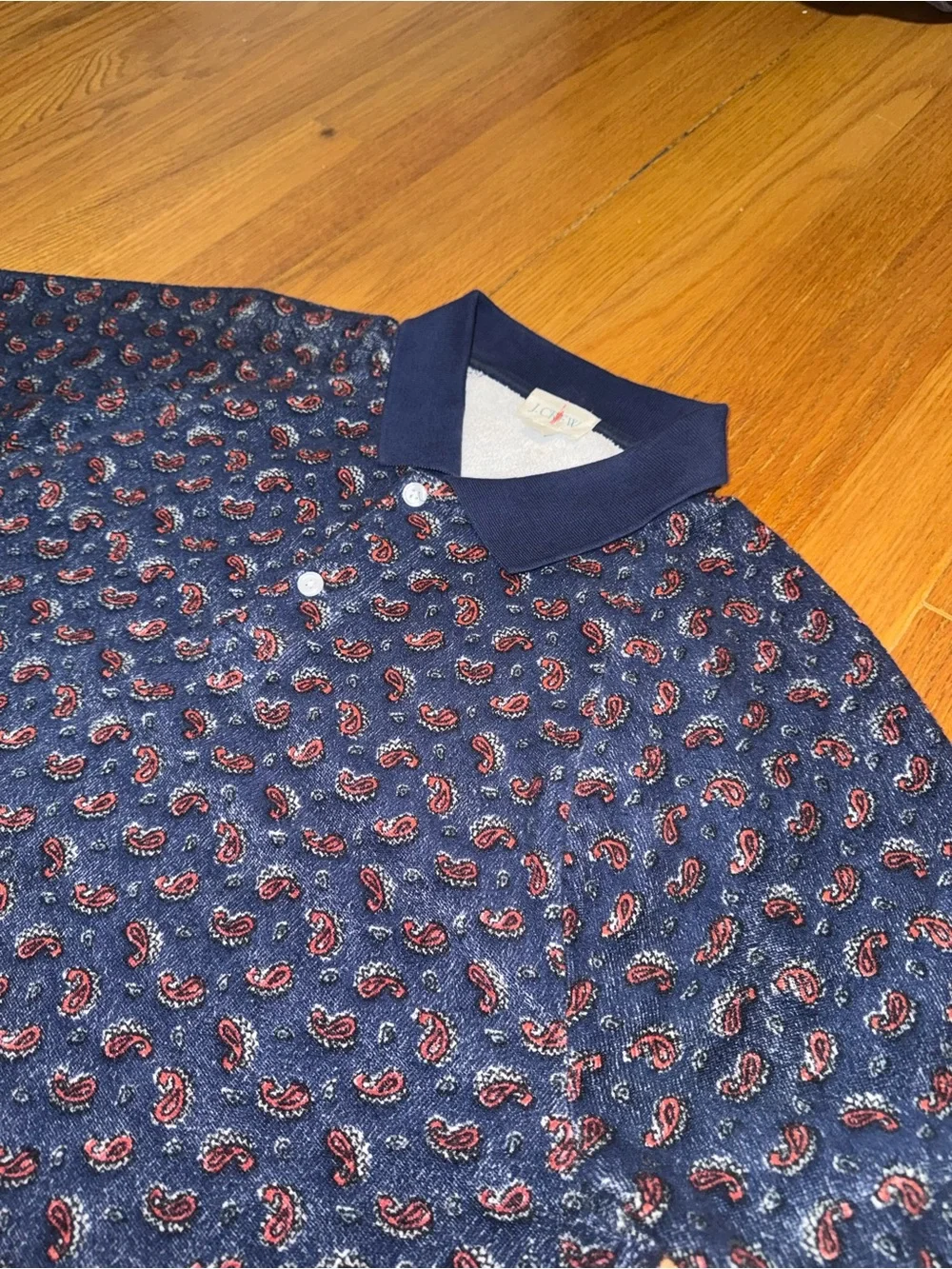 J.CREW Short Sleeve Collared Polo Shirt Blue Red Paisley Terry Cloth Men S